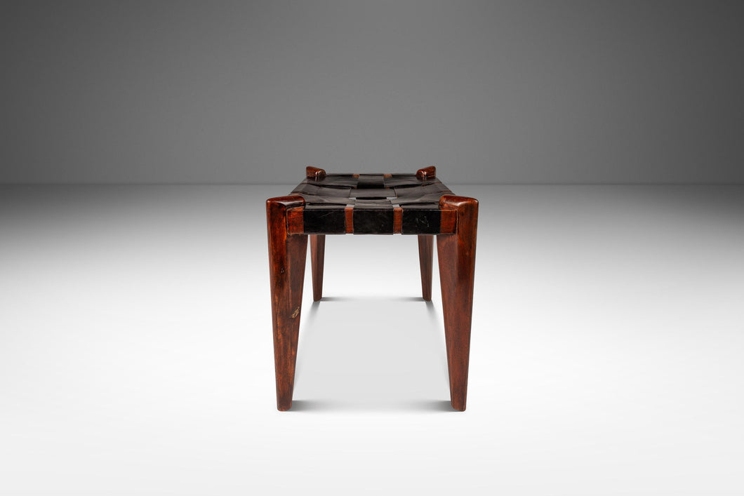 Mid-Century Modern Angular Footstool / Ottoman in Solid Teak & Leather by Edmond J. Spence, USA, c. 1950s-ABT Modern