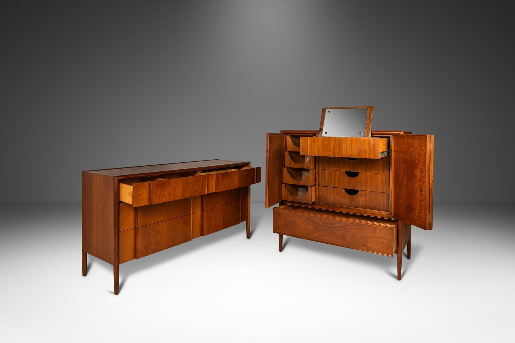 mid century modern dresser set Mid-Century Modern Bedroom Dresser Set in Walnut by Barney Flagg for D