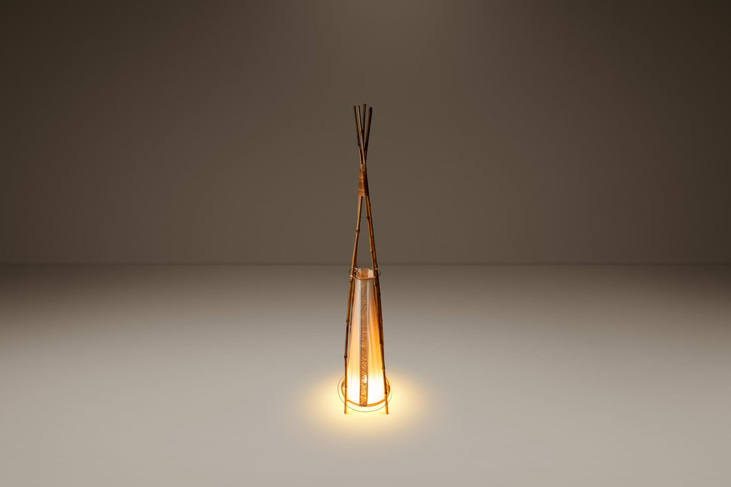Mid-Century Modern Bohemian 5 ft. Teepee-Shaped Floor Lamp in Cotton Bamboo & Rattan by Louis Sognot, France, c. 1960s-ABT Modern