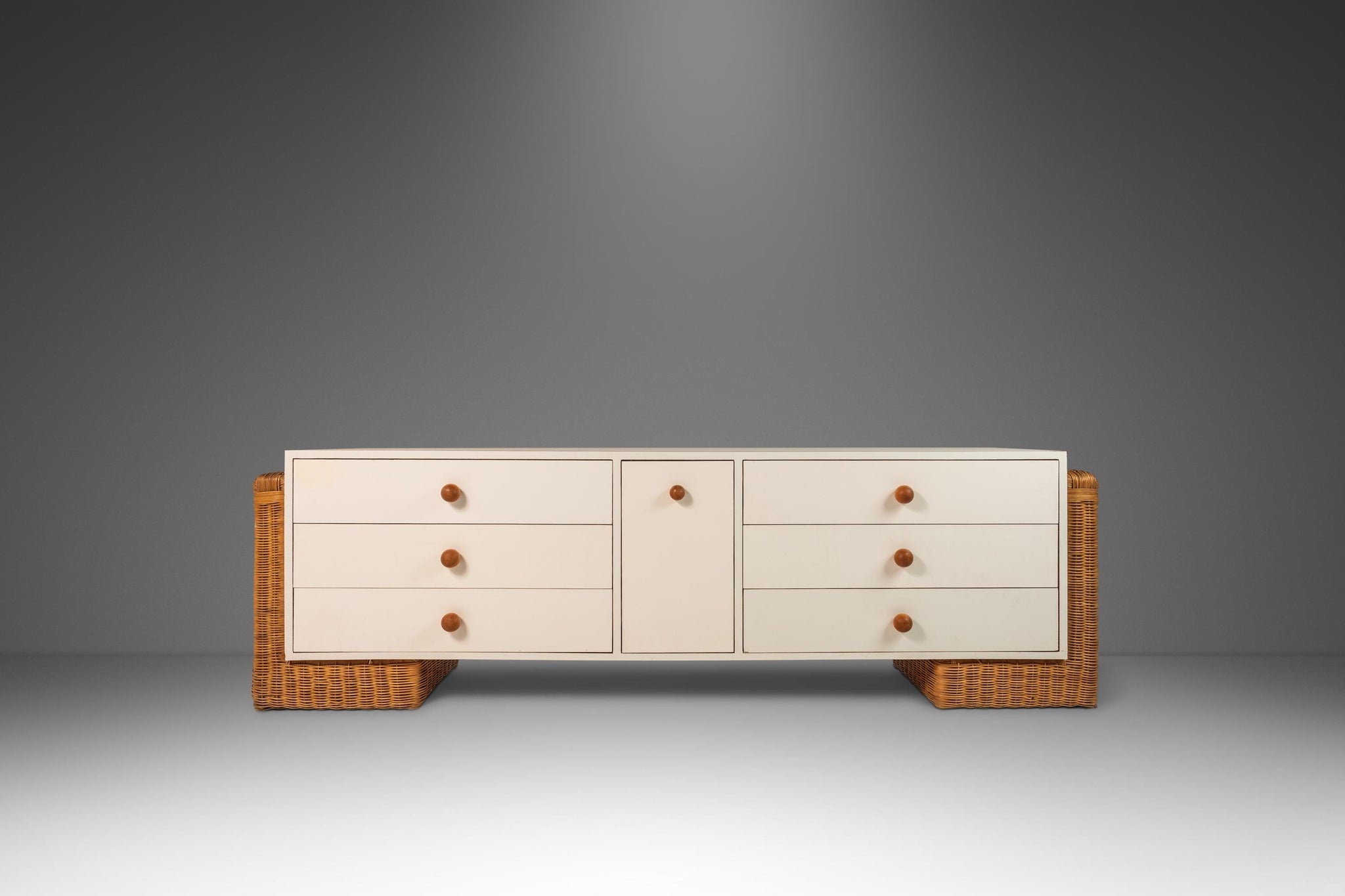 Mid-Century Modern Boho Chic Unique Long Dresser / Case Piece / Sideboard with Rattan Base, c. 1980s