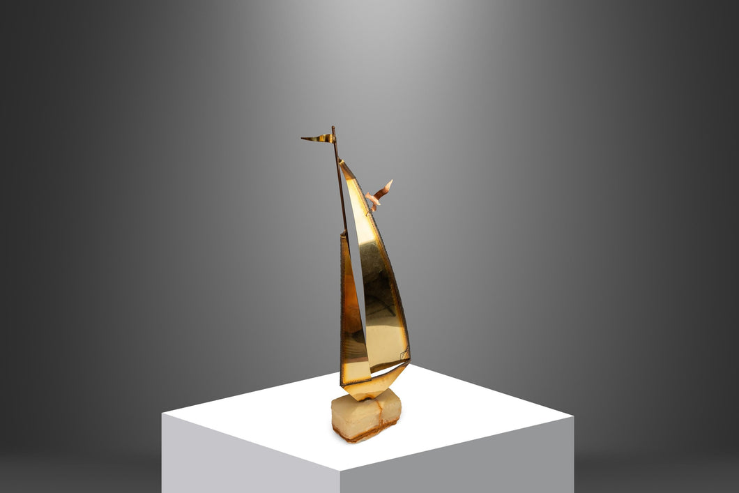 Mid-Century Modern Brass & Quartz Sailboat Sculpture by Jere DeMott, USA, c. 1960's-ABT Modern