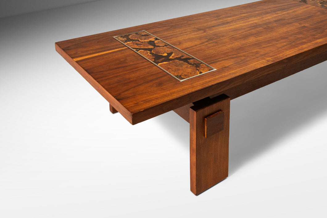 Mid-Century Modern Brutalist Coffee Table in Walnut with Burlwood Inlay by Lane, USA, c. 1970's-ABT Modern