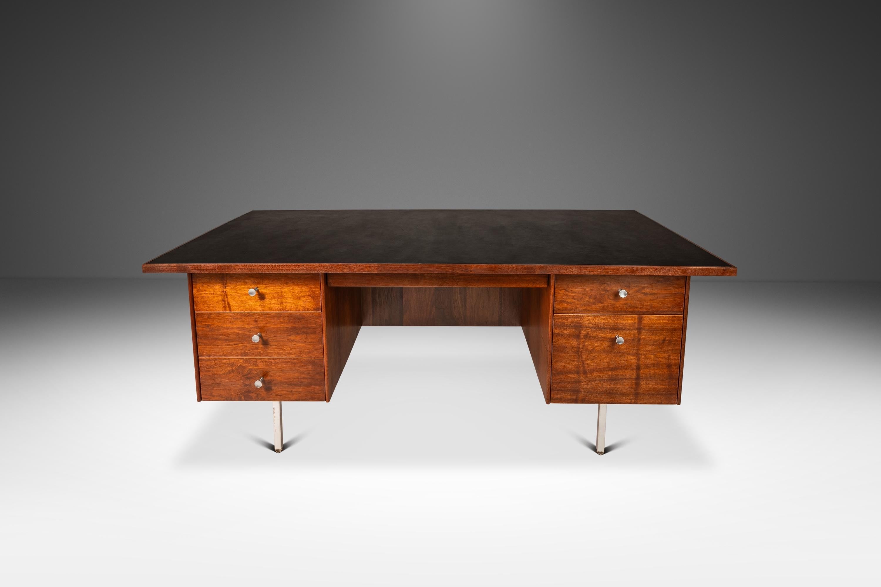 Mid-Century Modern Executive Desk in Walnut w/ Leather Top by Costa Me