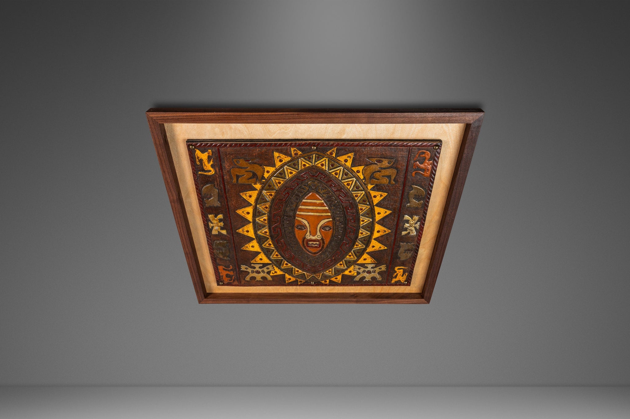 Mid-Century Modern Framed Embossed Leather Pre-Columbian Folk Art by A