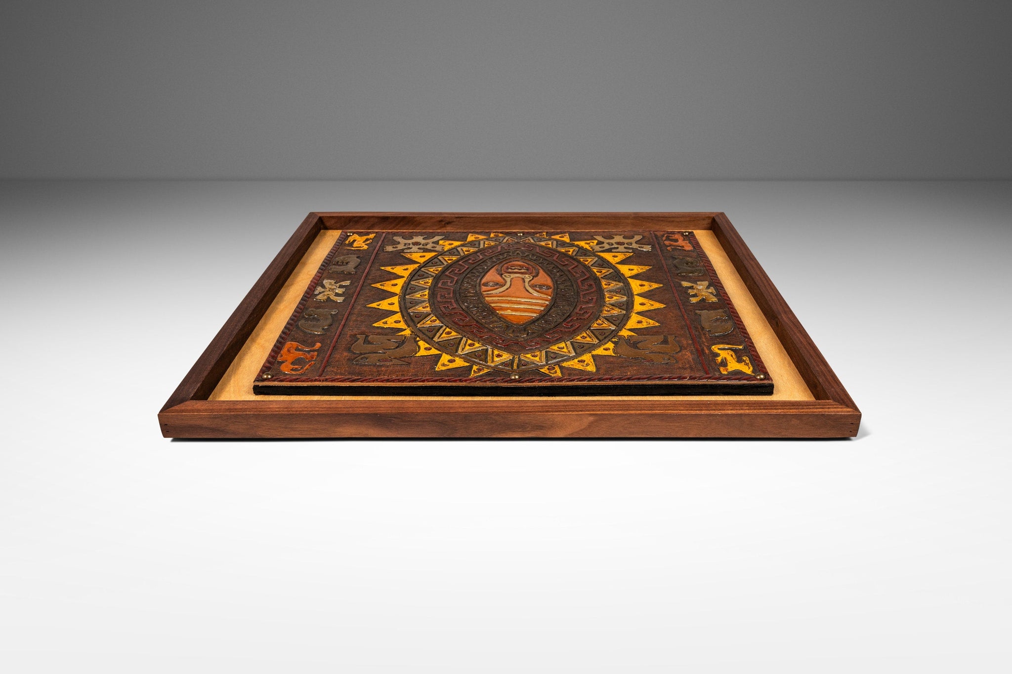 Mid-Century Modern Framed Embossed Leather Pre-Columbian Folk Art by A