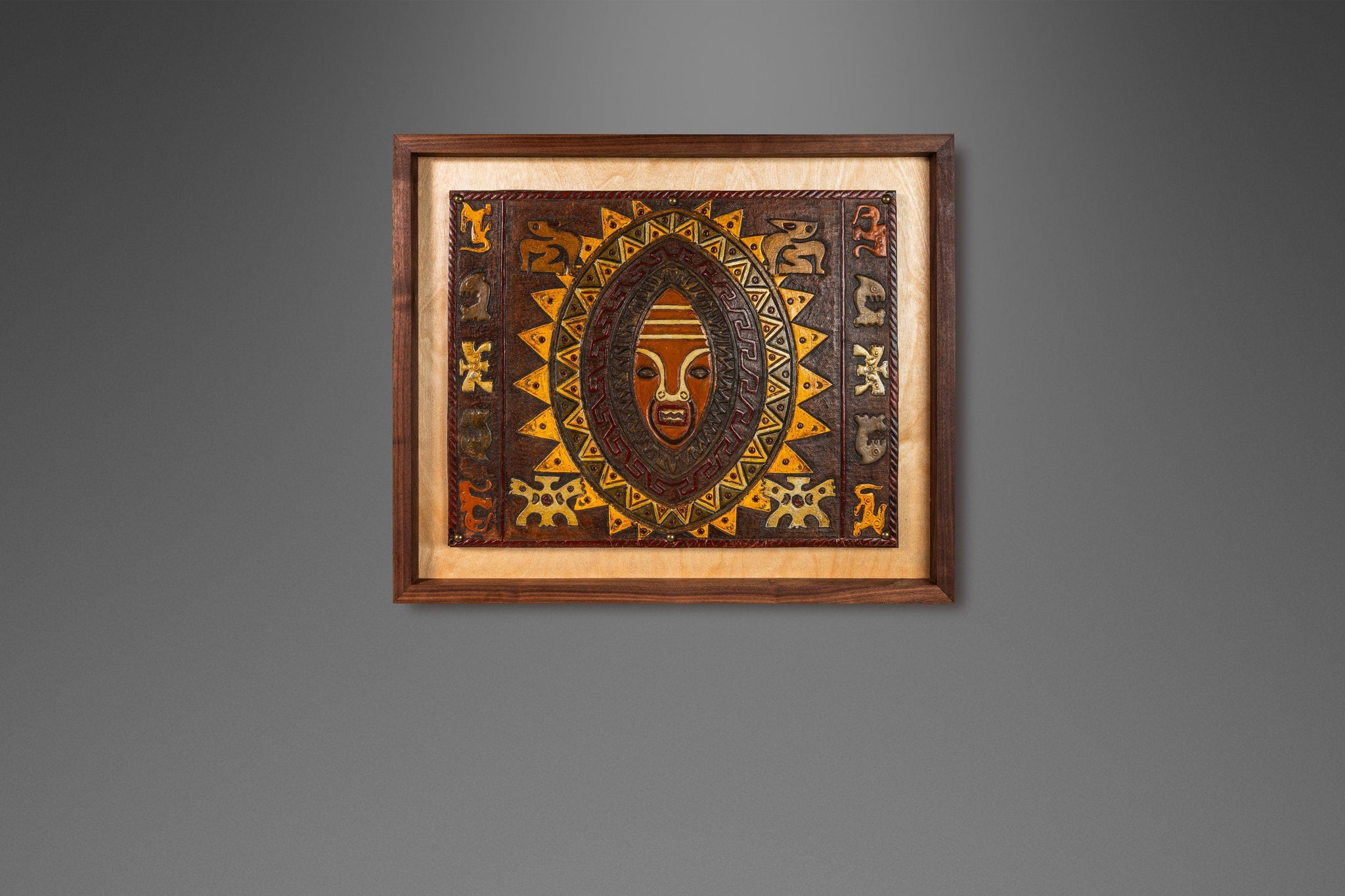 Mid-Century Modern Framed Embossed Leather Pre-Columbian Folk Art by A