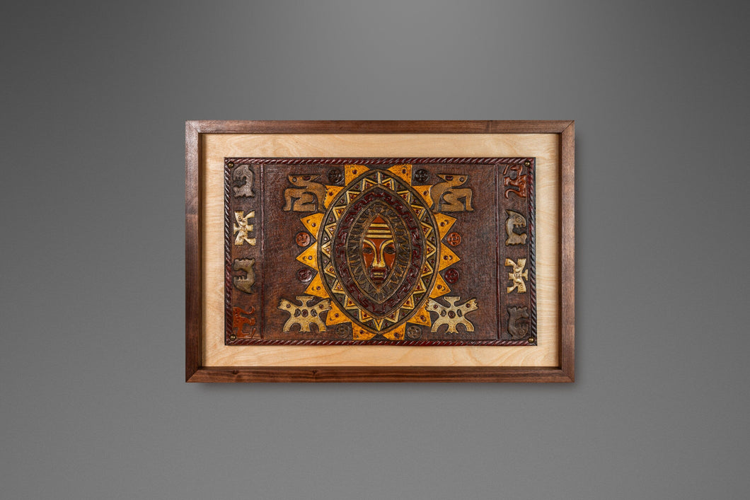 Mid-Century Modern Framed Embossed Leather Pre-Columbian Folk Art by Angel Pazmino, Equador, c. 1960's-ABT Modern