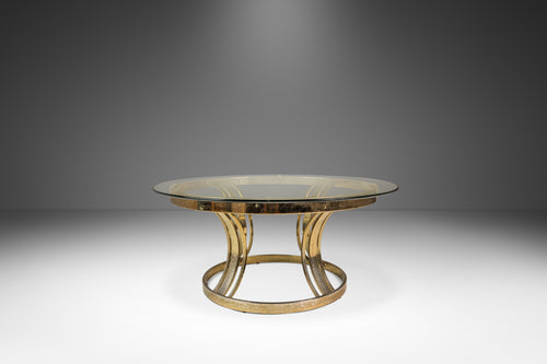 Mid-Century Modern Hollywood Regency Patinaed Coffee Table in Brass w/ Glass Top in the Manner of Milo Baughman, USA, c. 1980s-ABT Modern