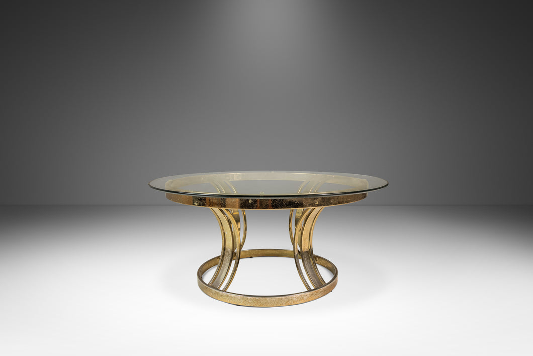 Mid-Century Modern Hollywood Regency Patinaed Coffee Table in Brass w/ Glass Top in the Manner of Milo Baughman, USA, c. 1980s-ABT Modern