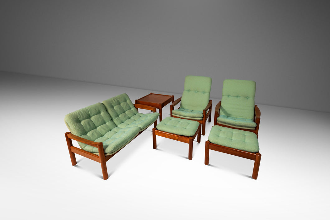 Mid-Century Modern Living Room Set (Loveseat, 2 Lounge Chairs, 2 Ottomans w/ Matching Table) in Teak by Domino Møbler, Denmark, c. 1970's-ABT Modern