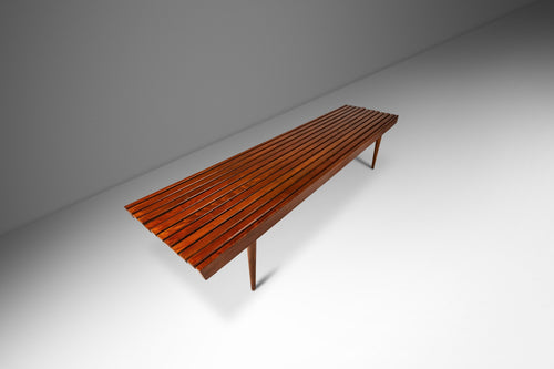 Mid-Century Modern Minimalist Slatted (6 ft) Long Bench in Solid European Walnut, Yugoslavia, c. 1950's-ABT Modern