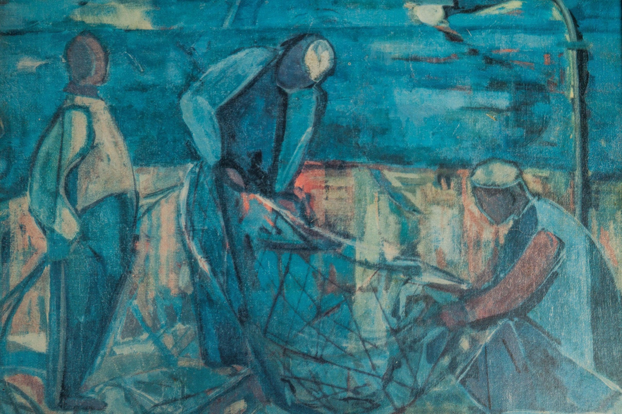 Mid-Century Modern Print of 'Fisherman' by Israeli Artist Margot Lange