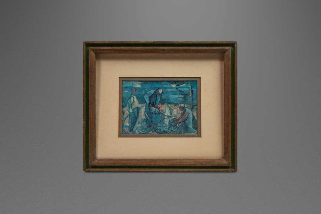 Mid-Century Modern Print of 'Fisherman' by Israeli Artist Margot Lange Ascheim, West Germany, c. 1960's-ABT Modern