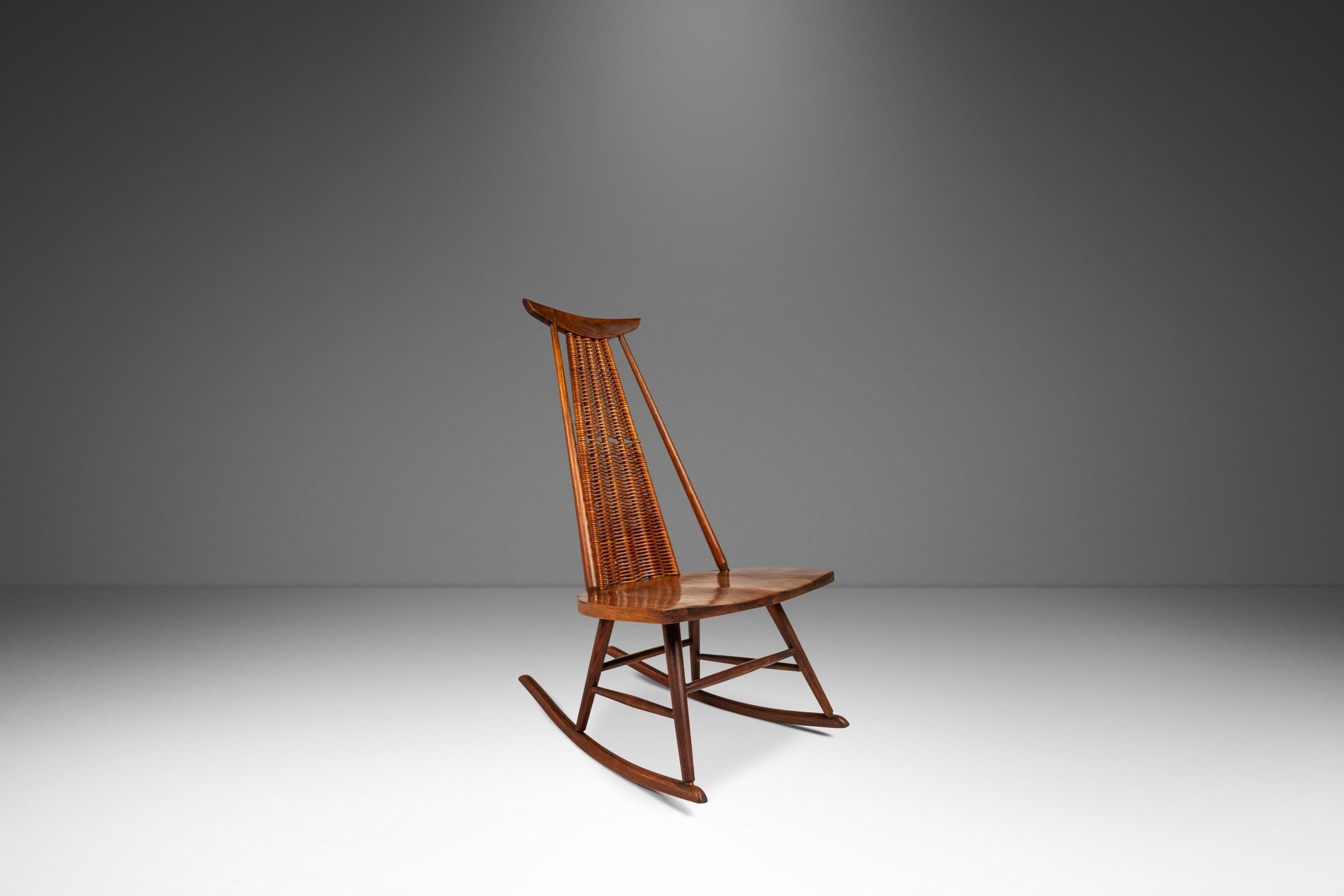 Mid-Century Modern Rocking Chair in Solid Walnut & Rattan by Arthur Um