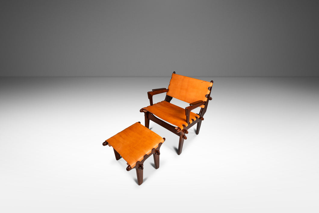 Mid-Century Modern Tooled Leather Sling / Safari Lounge Chair & Ottoman Set by Angel Pazmino, Ecuador, c. 1960s-ABT Modern