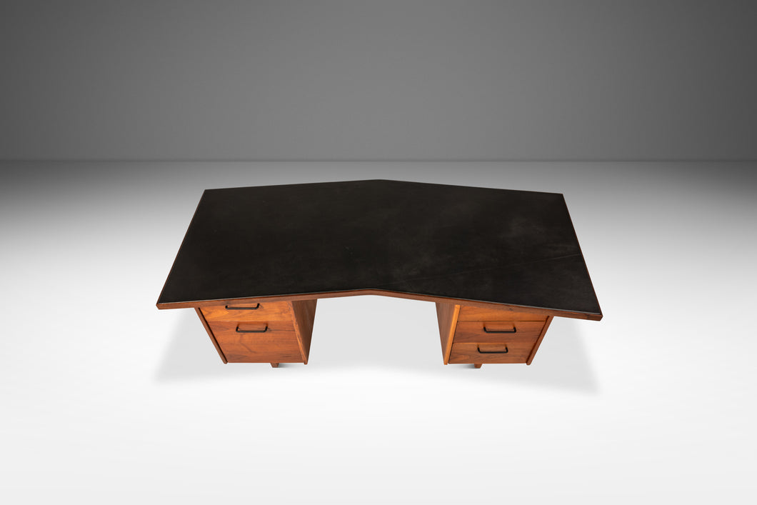 Mid-Century Modern V-Shaped Walnut Executive Desk w/ Black Leather Top After Harvey Probber, USA, c. 1960s-ABT Modern