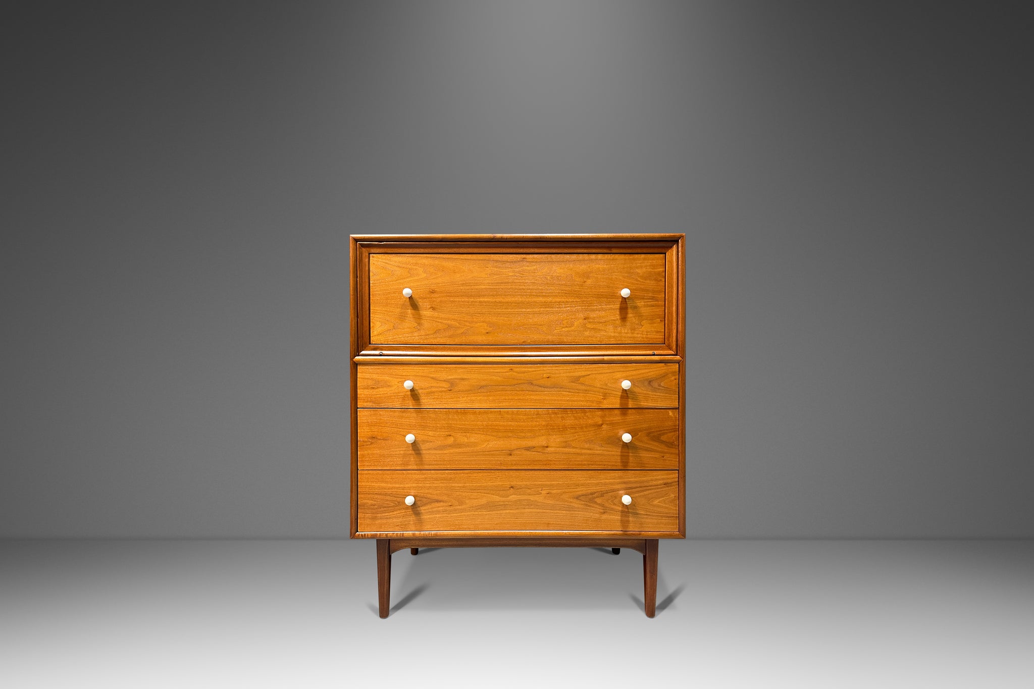 Mid Century Modern Walnut Tall Boy Five Drawer Dresser by