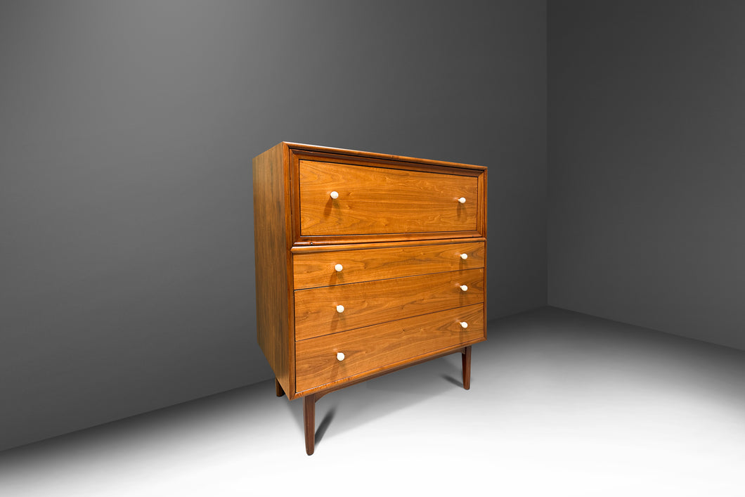 Mid Century Modern Walnut Tall Boy Five Drawer Dresser by Kipp Stewart Mid Century Modern Walnut Tall Boy Five Drawer Dresser by Kipp Stewart