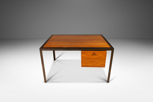 Mid-Century Modern Writers Desk in Oak w/ Acid Etched Bronze Frame by Harry Lunstead Designs, USA, c. 1970's-ABT Modern