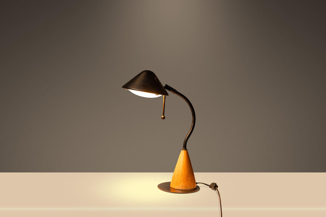 Mid-Century Post Modern Memphis-Style 'UFO' Adjustable Halogen Table Desk Lamp w/ Oak Base, c. 1980s-ABT Modern