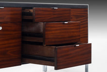 Load image into Gallery viewer, Mid Century Walnut Credenza with the Original Vinyl Top and Chrome Detailing by Stow Davis, c. 1960s-ABT Modern
