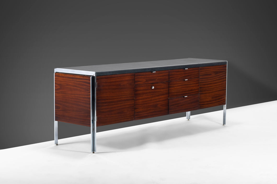Mid Century Walnut Credenza with the Original Vinyl Top and Chrome Detailing by Stow Davis, c. 1960s-ABT Modern