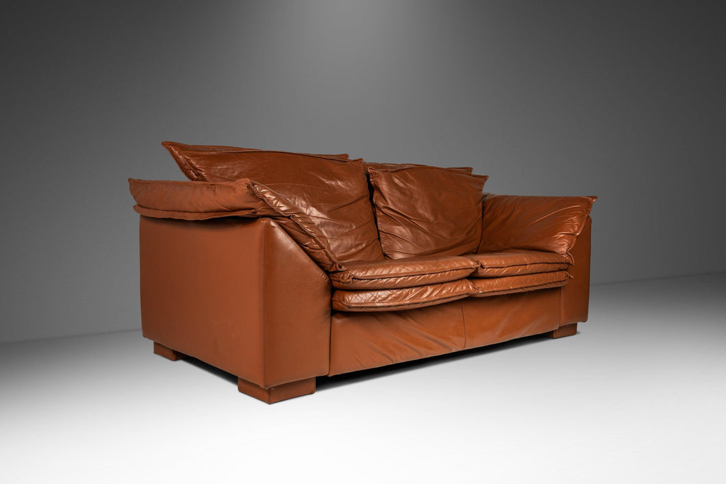Modern Low Profile Loveseat Sofa in Cognac Brown Leather in the Manner of Niels Eilersen, USA, c. 1980's-ABT Modern