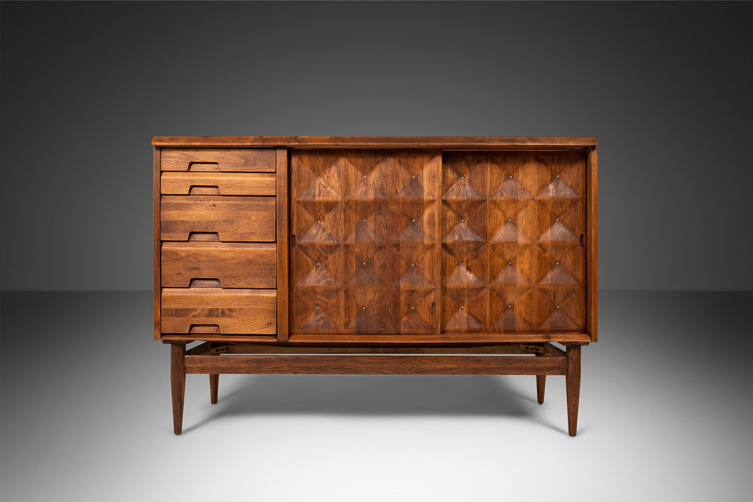 Patinaed Daniska Group Modernist Credenza with Button-Tufted Doors in Walnut by Salvatore Bevelacqua, USA, c. 1950s-ABT Modern