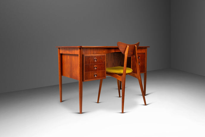 Petite Danish Mid-Century Modern Six-Drawer Writers Desk in Teak with Built-In Storage Shelves, Denmark, c. 1960s-ABT Modern