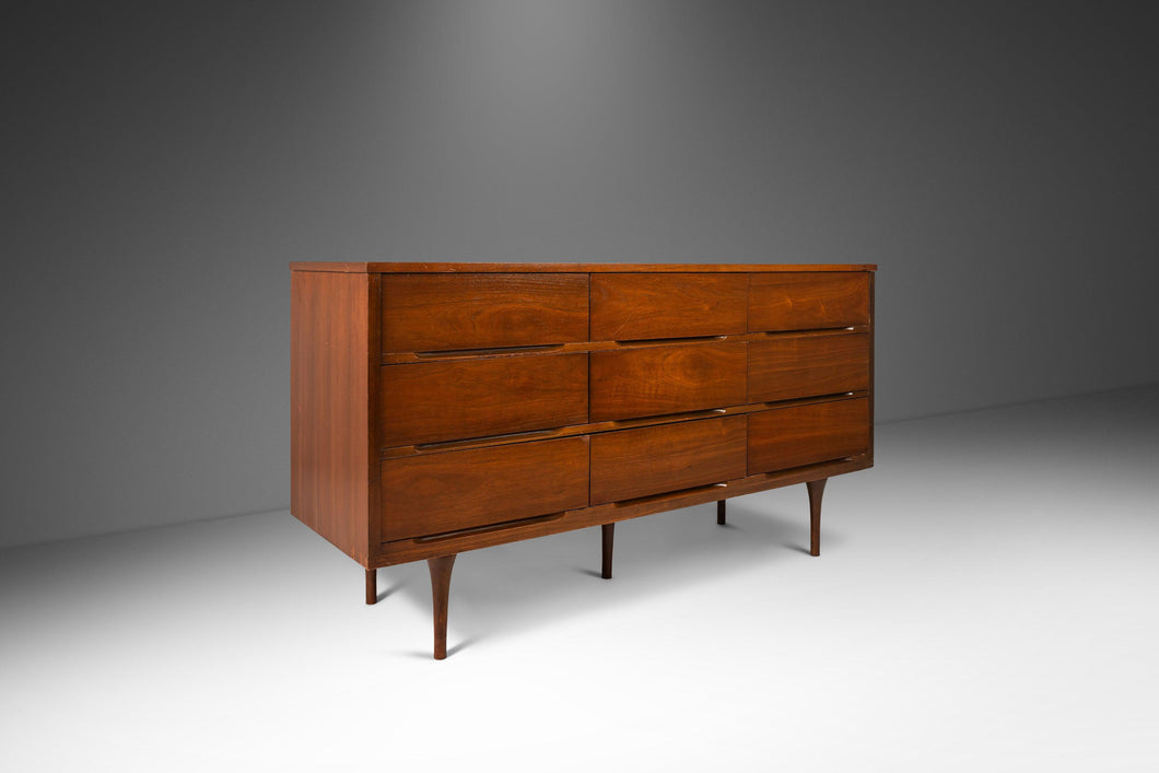Petite Mid-Century Modern Nine-Drawer Dresser in Walnut w/ Blind Pulls Petite Mid-Century Modern Nine-Drawer Dresser in Walnut w/ Blind Pulls