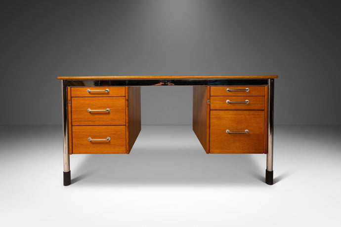 Post Modern 'Signatur' Executive Desk by in Honey Oak w/ Chrome Detailing by Tord Bjorklund for IKEA, Sweden, c. 1980-ABT Modern