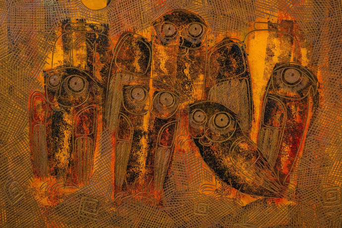 RARE Mid-Century Modern Earth Toned Parliament of Owls Painting with Custom-Made Walnut Frame by Sukhya, c. 1960s-ABT Modern