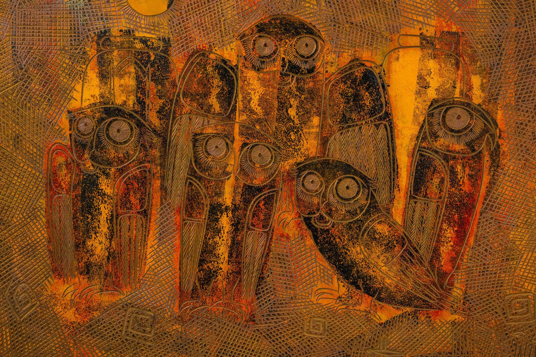 RARE Mid-Century Modern Earth Toned Parliament of Owls Painting with Custom-Made Walnut Frame by Sukhya, c. 1960s-ABT Modern