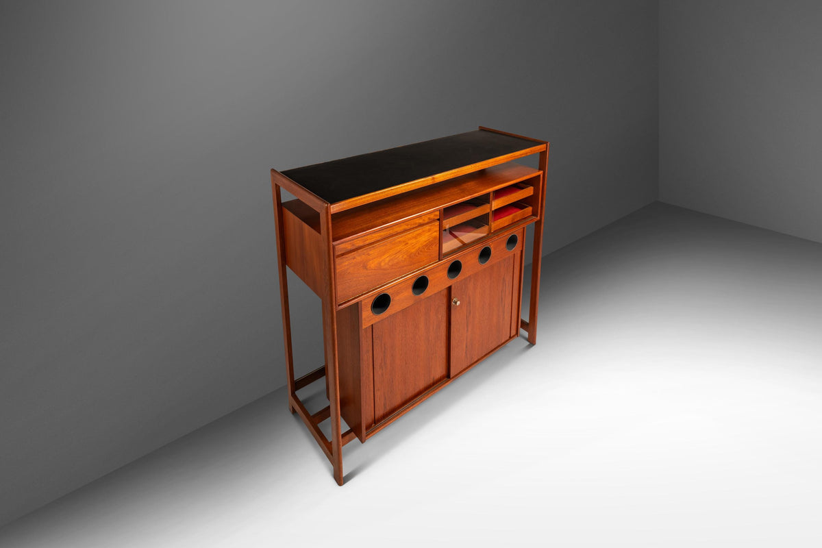 Rare Danish Mid-Century Modern Dry Bar in Teak w/ Leather Top by Knud