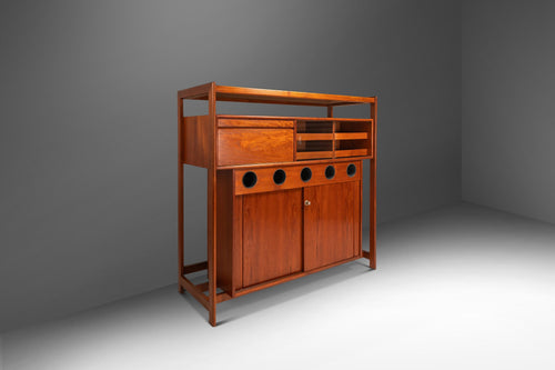 Rare Danish Mid-Century Modern Dry Bar in Teak w/ Leather Top by Knud Bent for Dyrlund, Denmark, c. 1960s-ABT Modern