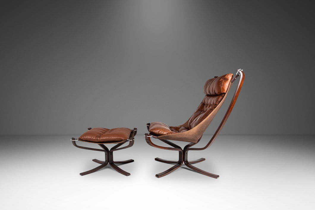 Rare High-Back Falcon Chair with Matching Ottoman in Leather by Sigurd Ressel for Vatne Møbler, Norway, c. 1970's-ABT Modern
