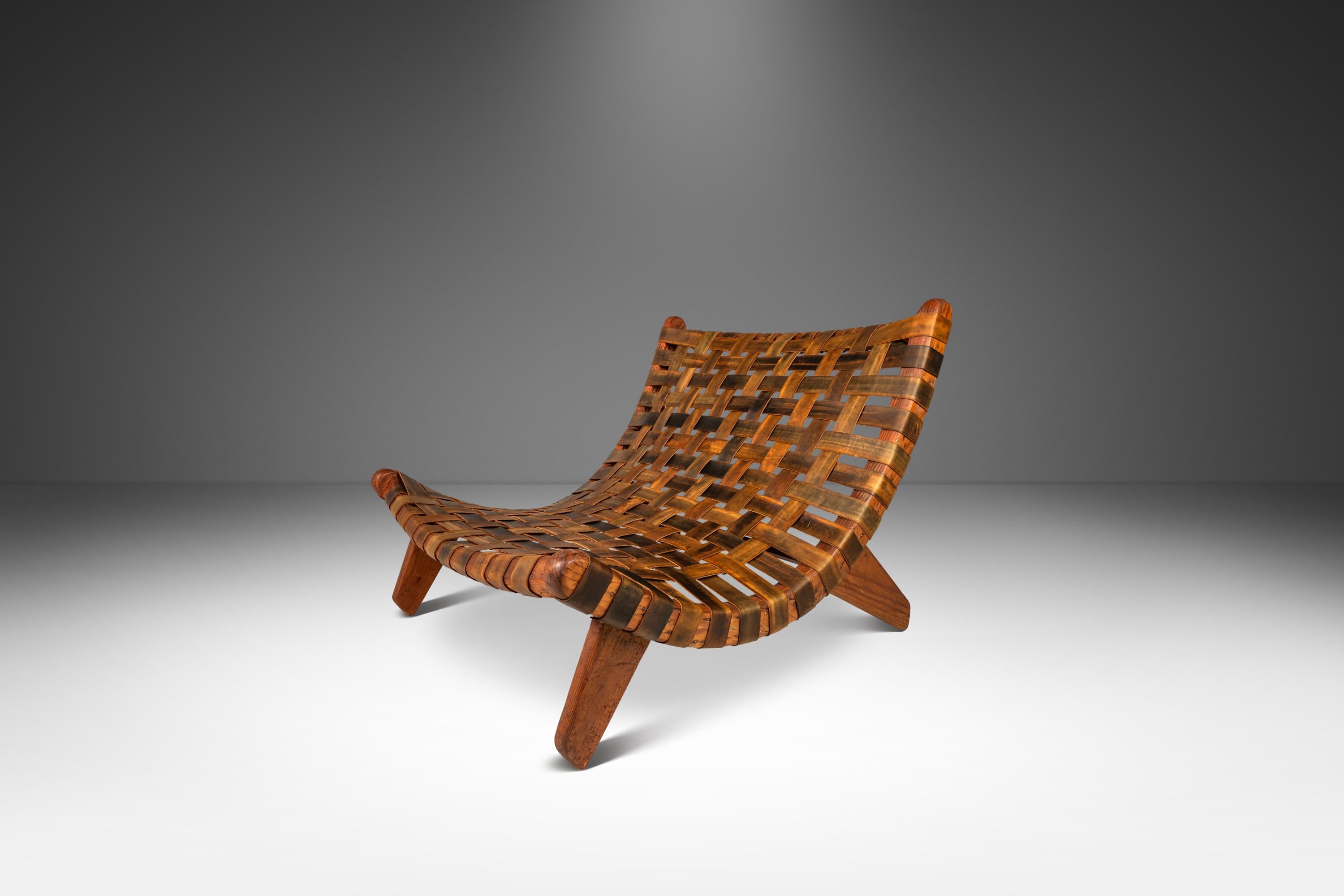 Rare Oversized Scoop Lounge Chair in Solid Douglasg Fir and Leather Af