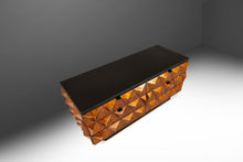 Load image into Gallery viewer, Rare Petite Brutalist Space Age Sculptural Diamond Faced 4 Drawer Dresser / Sideboard w/ Leather Top, Italy, c. 1970s
