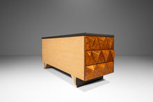 Load image into Gallery viewer, Rare Petite Brutalist Space Age Sculptural Diamond Faced 4 Drawer Dresser / Sideboard w/ Leather Top, Italy, c. 1970s

