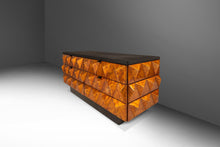 Load image into Gallery viewer, Rare Petite Brutalist Space Age Sculptural Diamond Faced 4 Drawer Dresser / Sideboard w/ Leather Top, Italy, c. 1970s
