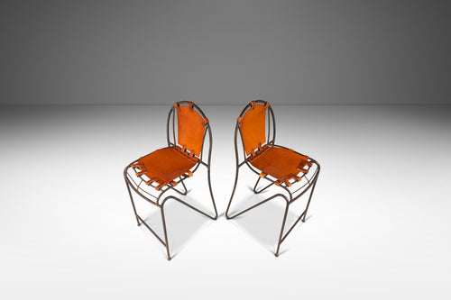 Rare Set of Two (2) Counter Height French Wrought Iron Industrial Barstools Hand-Worked Full Grain Leather by Jacques Adnet, France, 1950's-ABT Modern