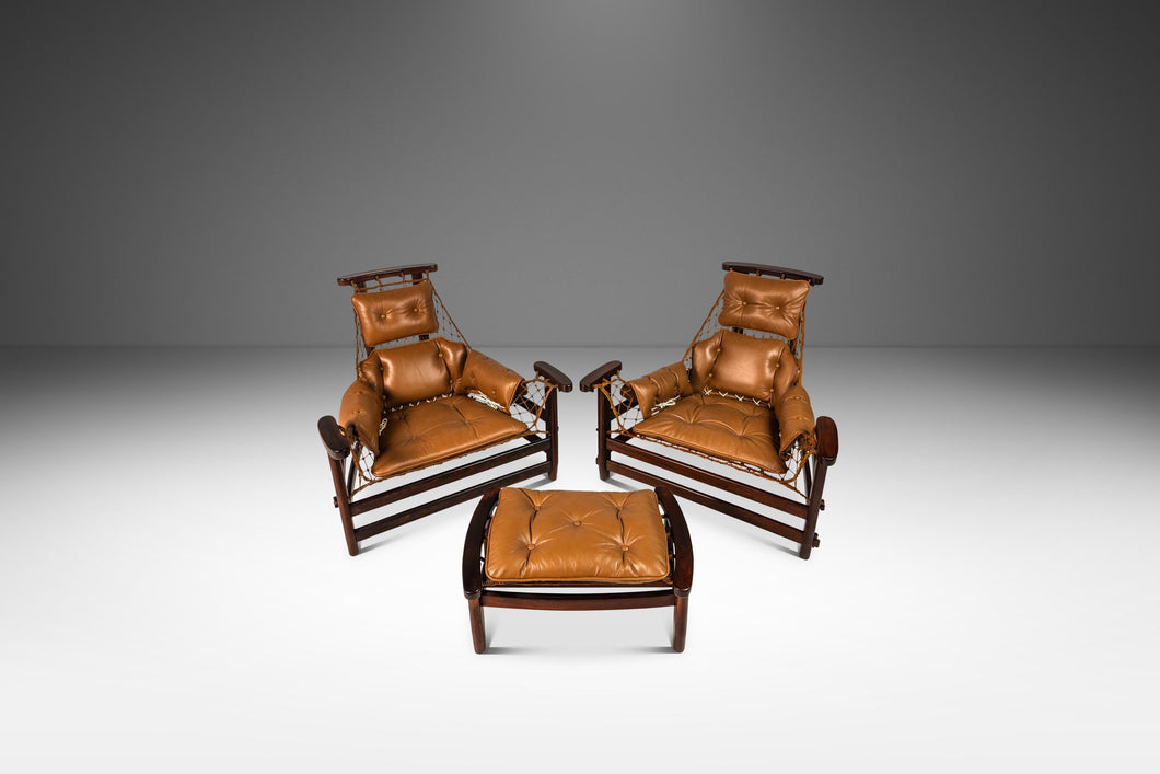 Rare Set of Two ( 2 ) 'Jangada' Lounge Chairs w/ Matching Ottoman in Jacaranda & Leather by Jean Gillon for Wood Art, Brazil, c. 1960s-ABT Modern