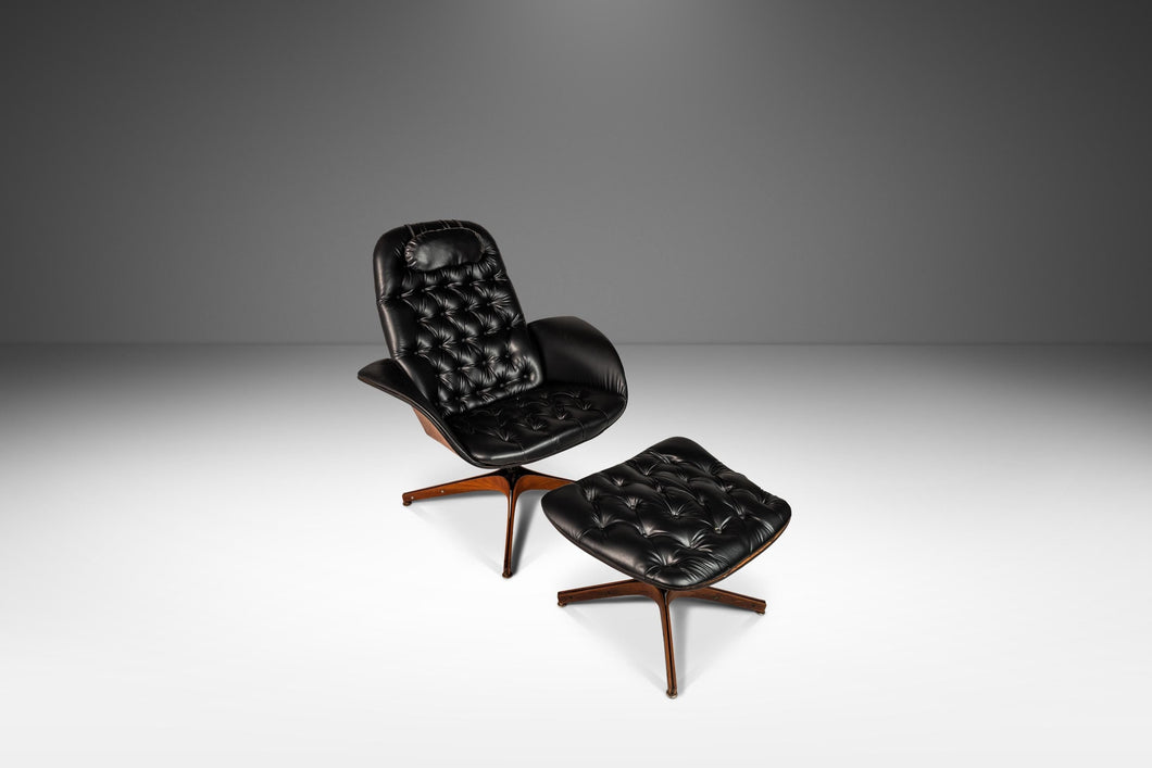 Restoration Project - Mid-Century Modern Bentwood Lounge Chair & Ottoman Set by George Mulhauser for Plycraft in Tufted Black Vinyl, USA, c. 1960s-ABT Modern