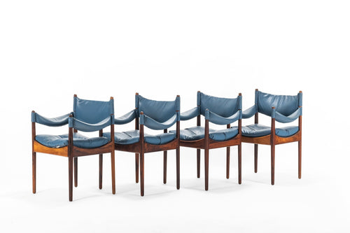 Set of 4 Kristian Solmer Vedel Blue Leather Lounge Chairs in Rosewood-ABT Modern