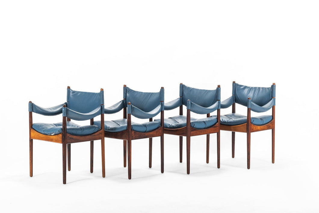 Set of 4 Kristian Solmer Vedel Blue Leather Lounge Chairs in Rosewood-ABT Modern