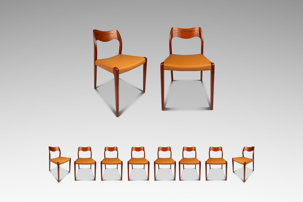 Set of Eight (8) Bespoke Møller Model #71 Dining Chairs in Teak & Leather by Niels Møller for J.L. Møllers Møbelfabrik, Denmark, 1960's-ABT Modern