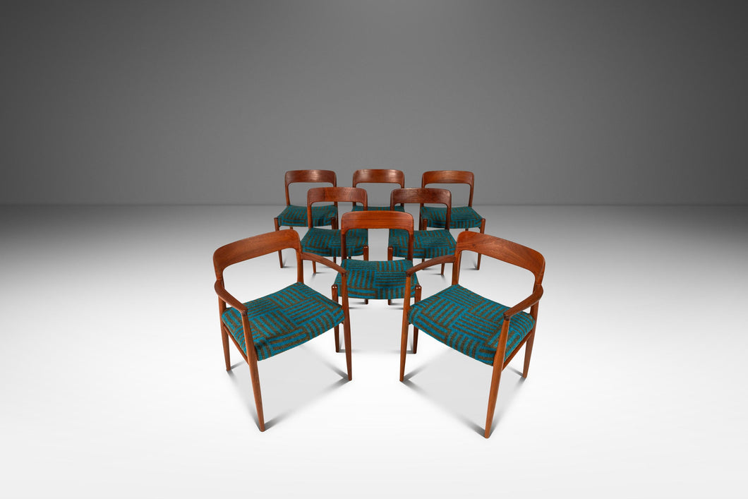 Set of Eight (8) Moller Model 75 Dining Chairs by Niels Møller for J.L. Møllers in Pierre Frey Mombasa Turquoise Fabric , Denmark, 1960s-ABT Modern