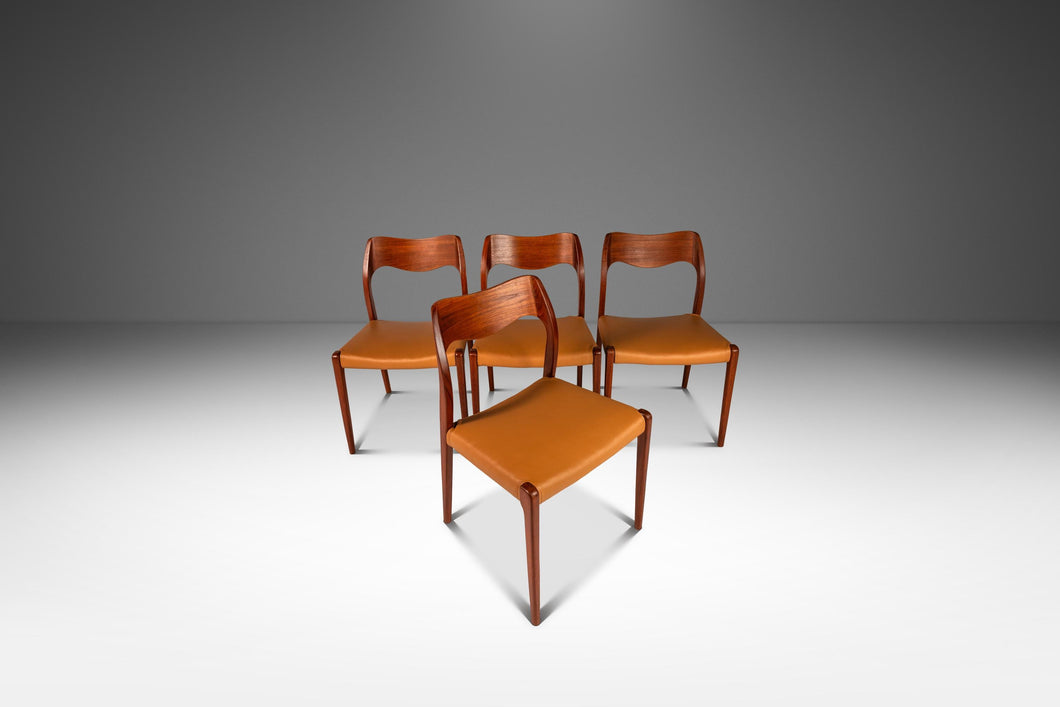 Set of Four (4) Bespoke Møller Model #71 Dining Chairs in Teak & Leather by Niels Møller for J.L. Møllers Møbelfabrik, Denmark, 1960's-ABT Modern