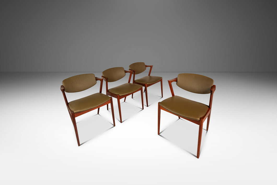 Set of Four ( 4 ) Danish Mid-Century Modern Model 42 Dining Chairs in Teak & Leather by Kai Kristiansen, Denmark, c. 1960s-ABT Modern