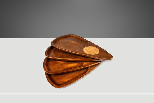 Set of Four (4) Mid-Century Modern Serving Trays in Solid Walnut & Cork, Japan, c. 1970's-ABT Modern
